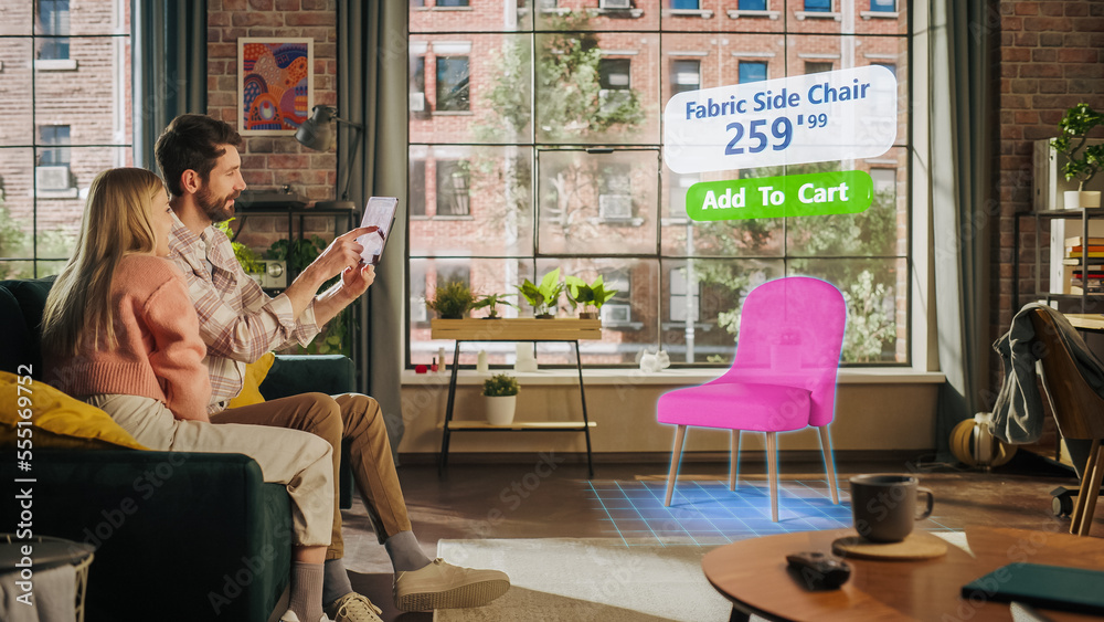 Decorating Apartment: Couple Holding Digital Tablet Computer, using Augmented Reality Interior Desig