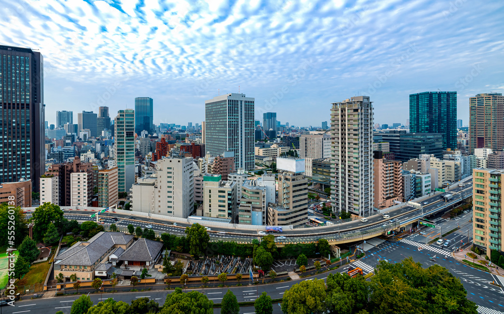 穿越日本东京南部的摩天大楼和高速公路