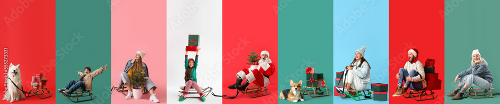 Collage of people, dogs and Santa Claus with sledges, Christmas trees and gifts on color background