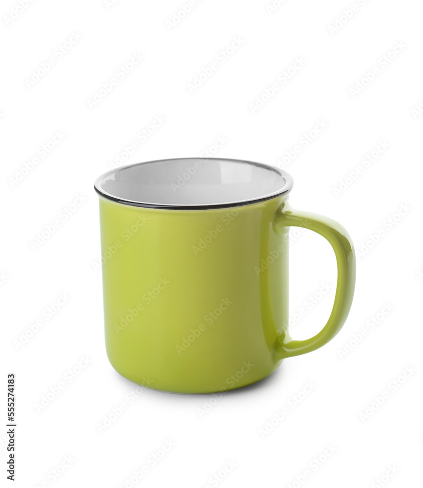 Empty green cup on white background