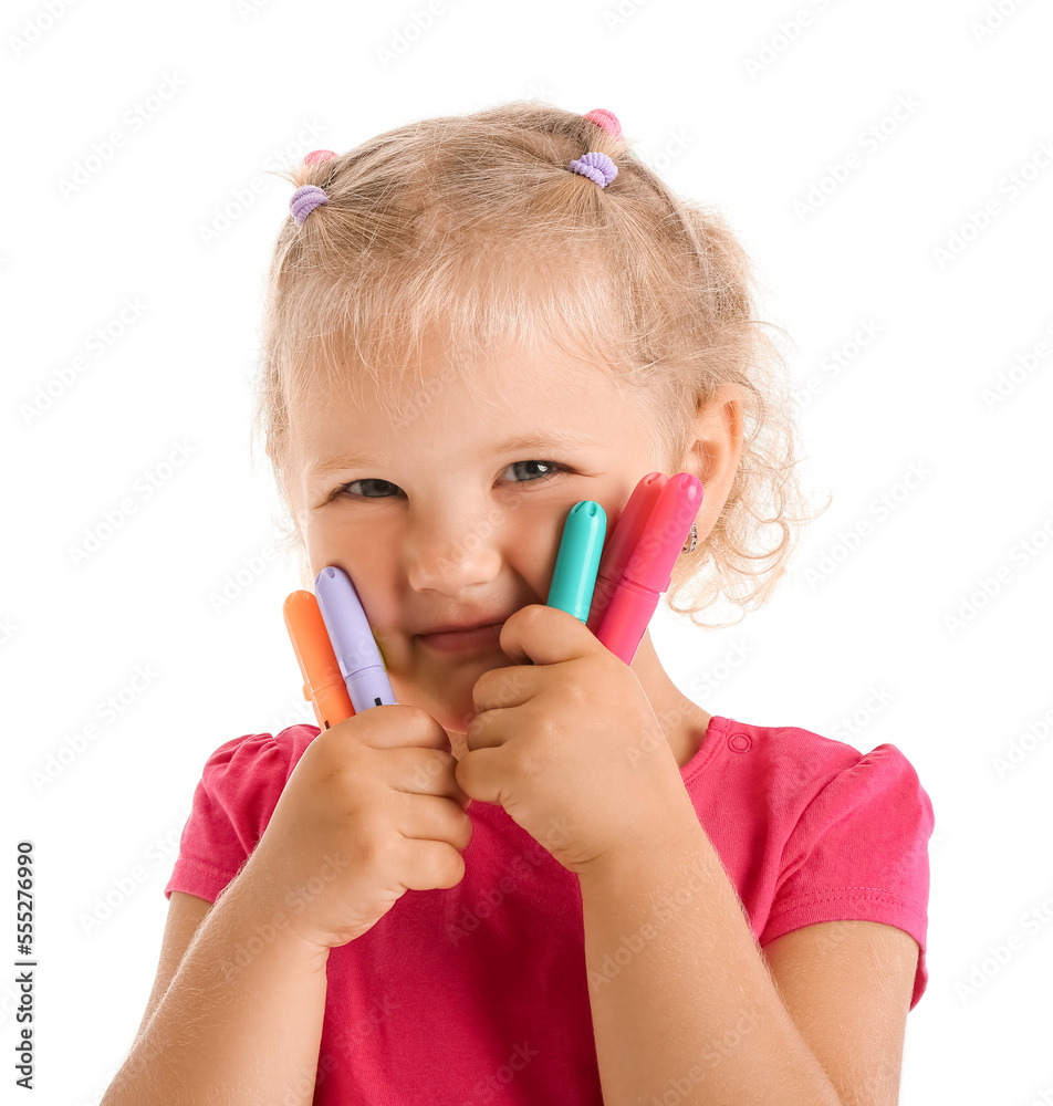 Funny little girl with felt-tip pens on white background