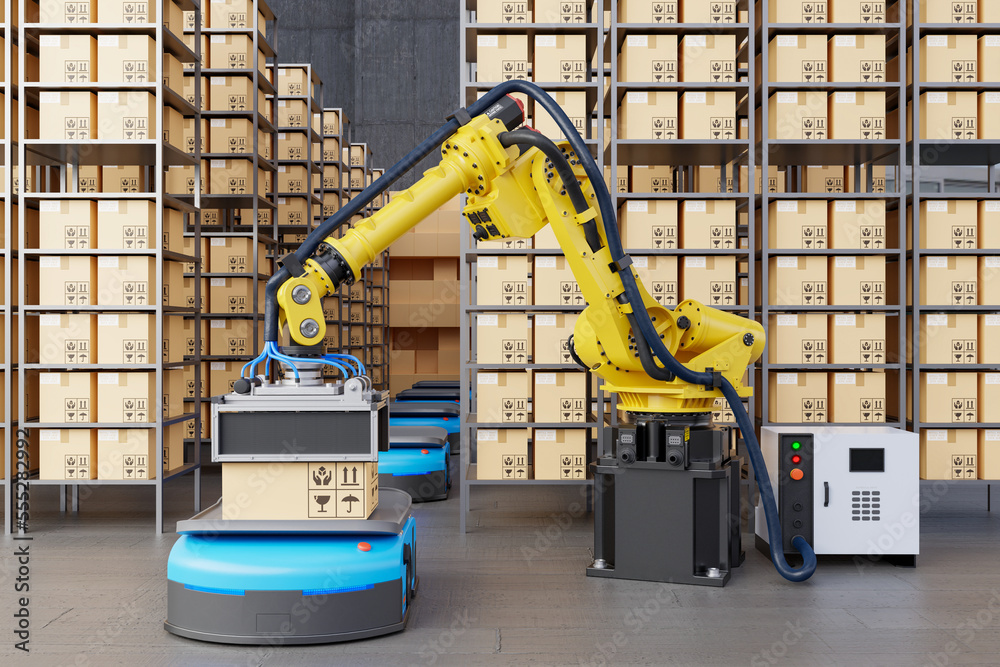 Factory Automation with AGV robot and robotic arm in transportation.