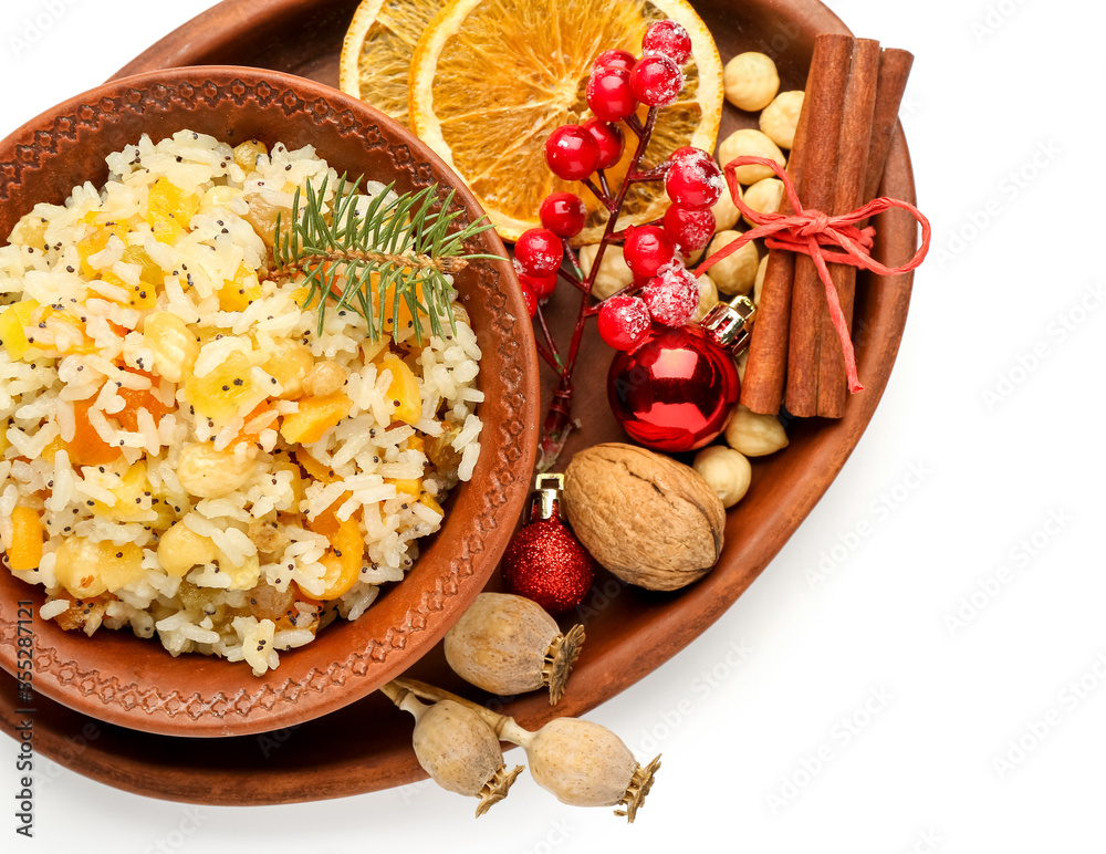 Tray with bowl of rice Kutya and ingredients on white background