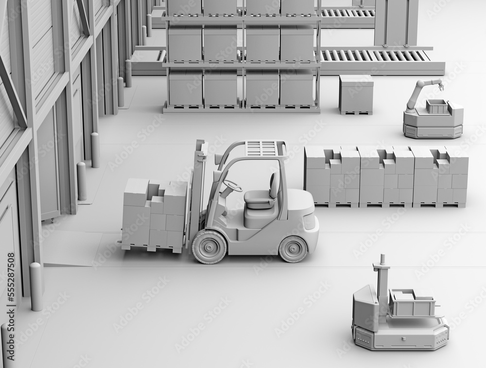 Clay rendering of electric forklift loading goods to truck. Modern distribution center. 3D rendering