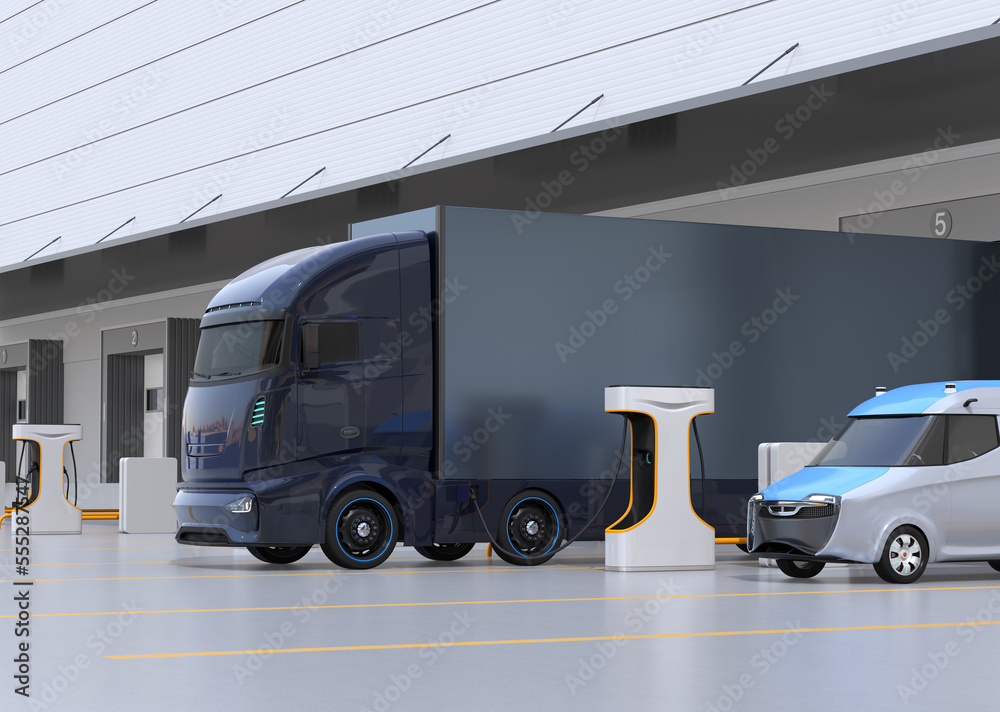 Generic design Electric Truck charging at logistics center. 3D rendering image.	