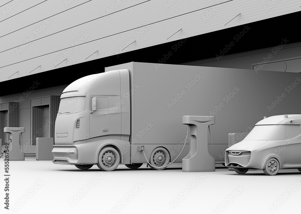 Clay rendering of Electric Truck charging at logistics center. 3D rendering image.	