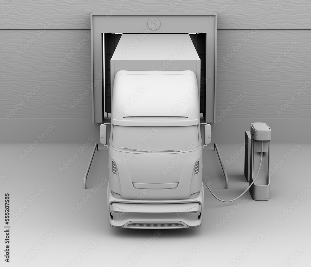 Clay rendering of Electric Truck charging at logistics center. 3D rendering image.