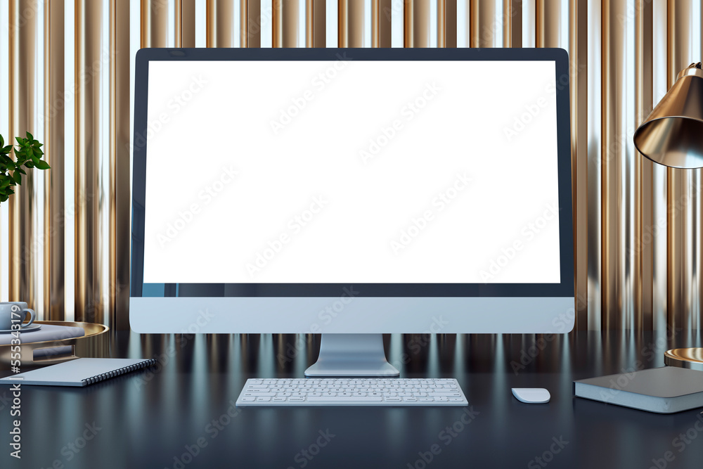 Front view on blank white computer monitor with place for your text or logo on black table with note