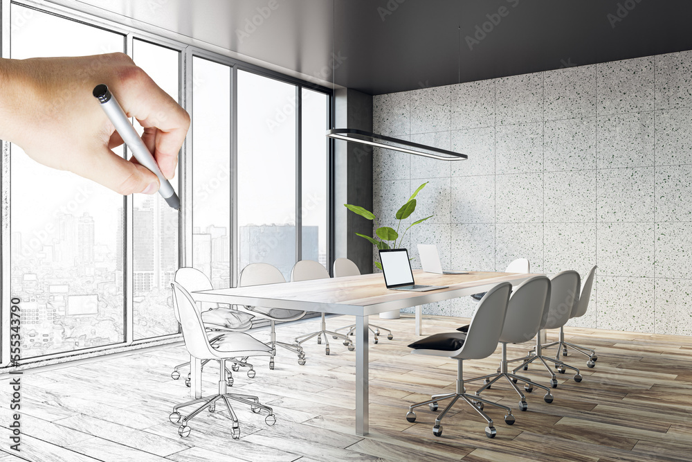 Hand drawn sketch of modern tile conference room interior with wooden flooring, furniture, panoramic