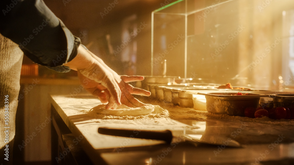 In Restaurant Professional Chef Preparing Pizza, Tenderly Working, Kneading Dough, Adding Ingredient