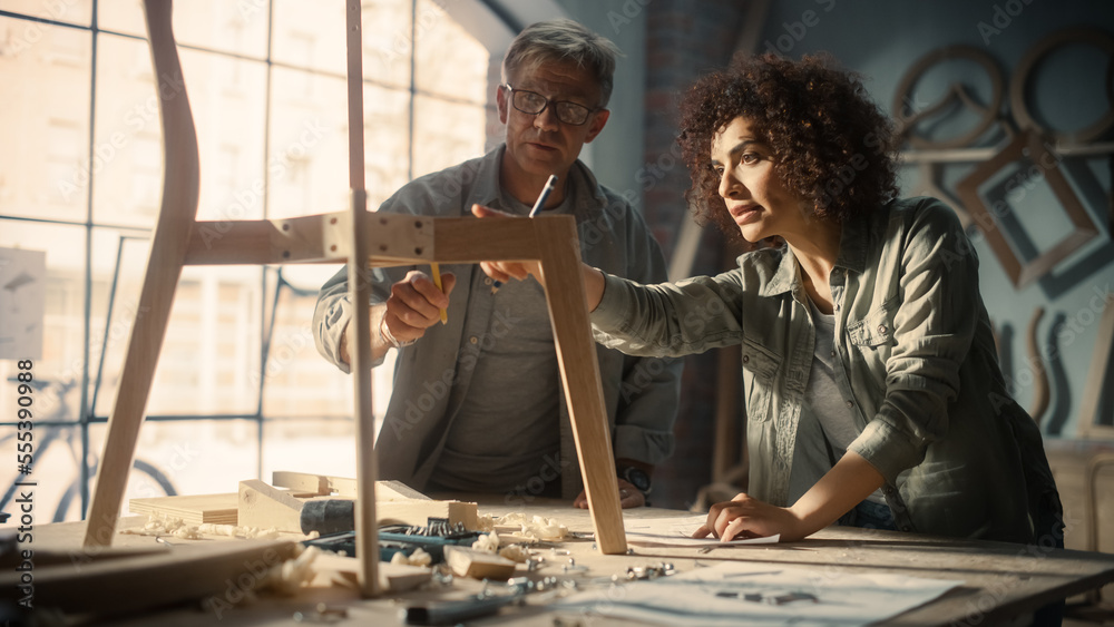 Portrait of Two Small Business Owners Working Together on Creating a New Wooden Dining Table Chair D