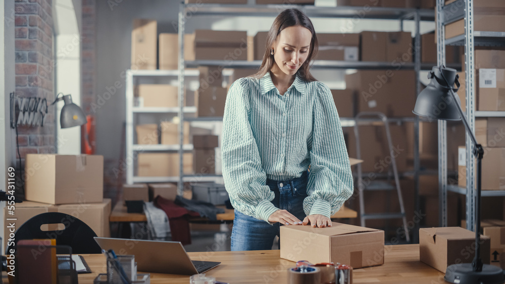 Online Shopping Order: Small Clothing Store Owner Carefully Packing Her Handmade Sweater into Cardbo