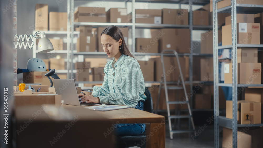 Online Store Inventory Manager Using Laptop Computer, Preparing a Small Parcel for Postage. Young Co