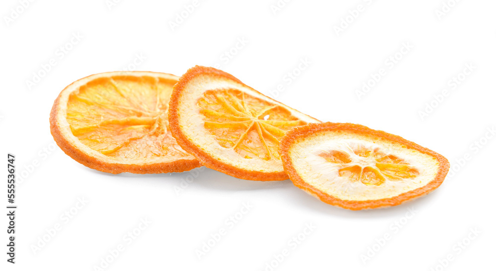 Slices of delicious dried orange on white background