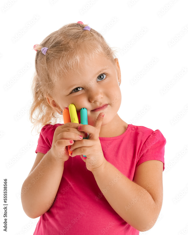 Funny little girl with felt-tip pens on white background