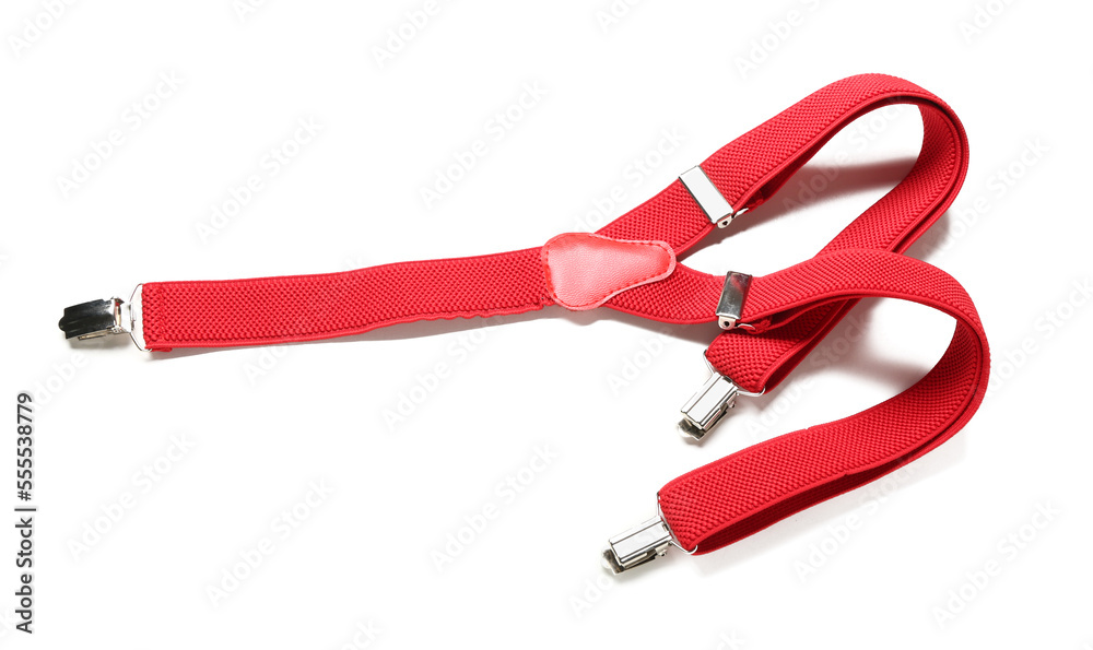 Stylish red suspenders on white background