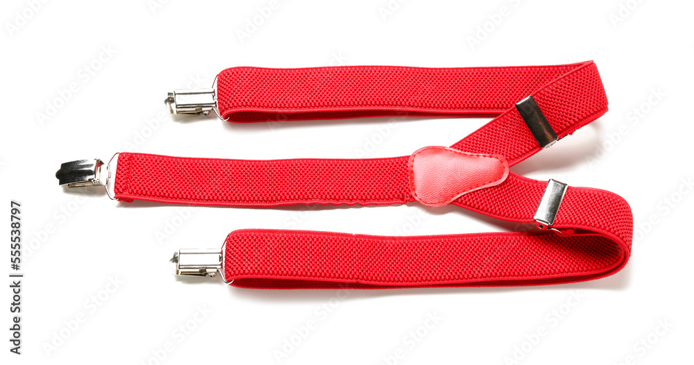 Stylish red suspenders on white background