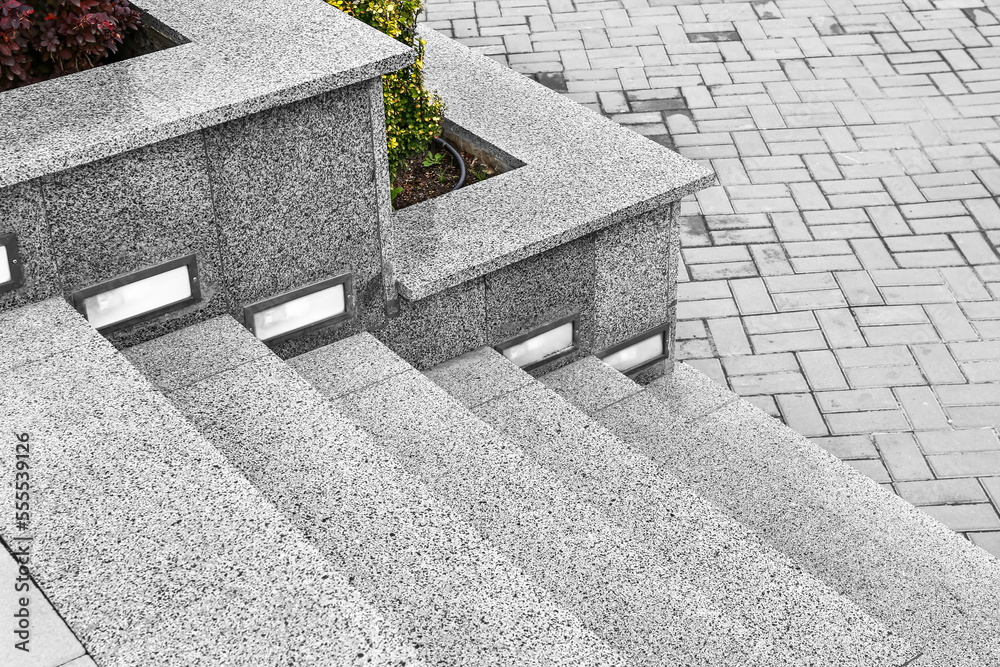 View of granite steps outdoors