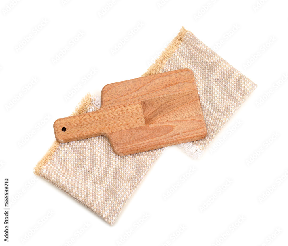 Wooden cutting board and napkins isolated on white background