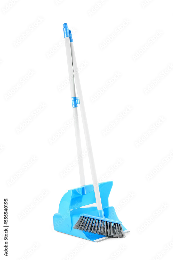 Cleaning broom and dustpan on white background