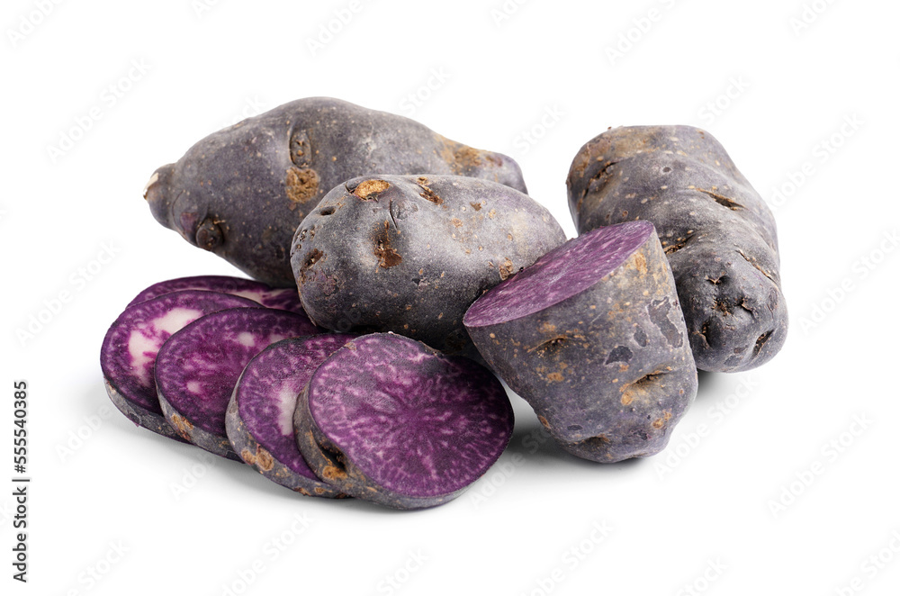 Heap of raw purple potatoes on white background