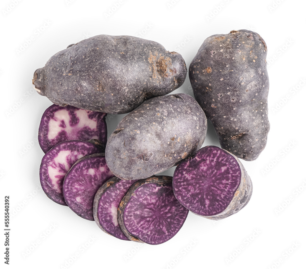 Heap of raw purple potatoes on white background