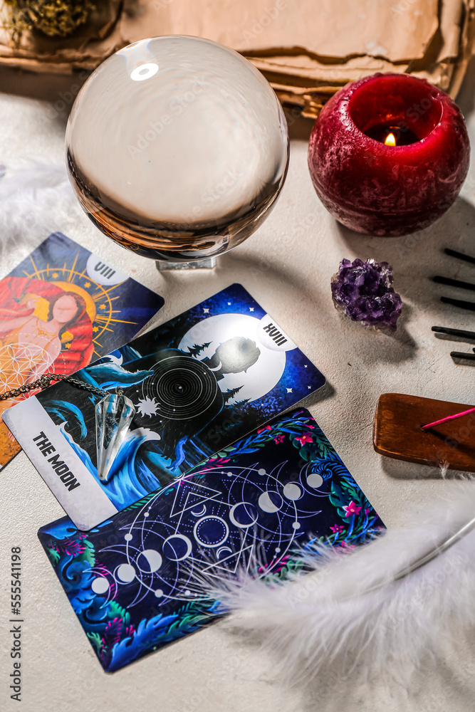 Magic attributes of fortune teller on table