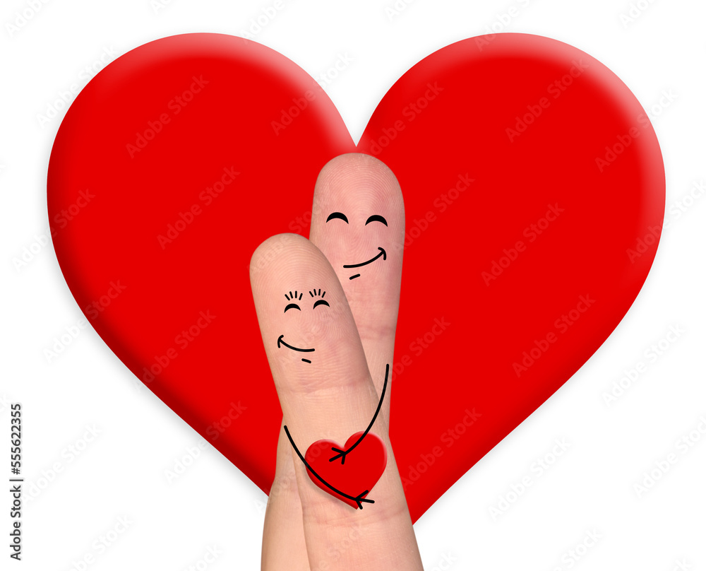 Happy finger couple in love celebrating Valentine’s day by holding each other