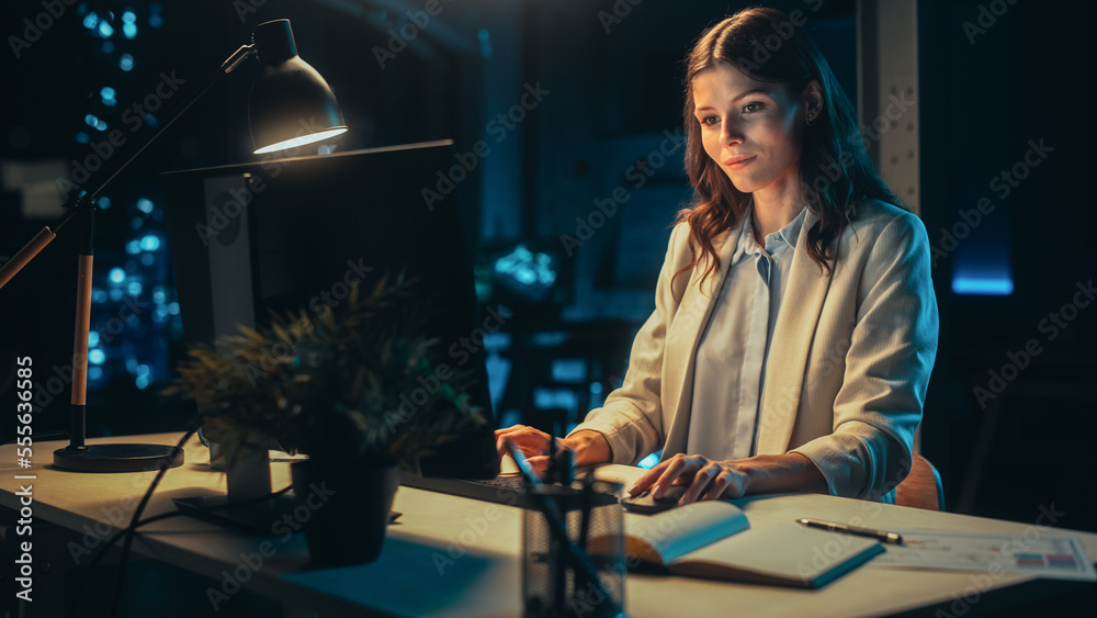 Office at Night: Female Manager Working Long Hours Alone in Creative Agency, Implementing Business S