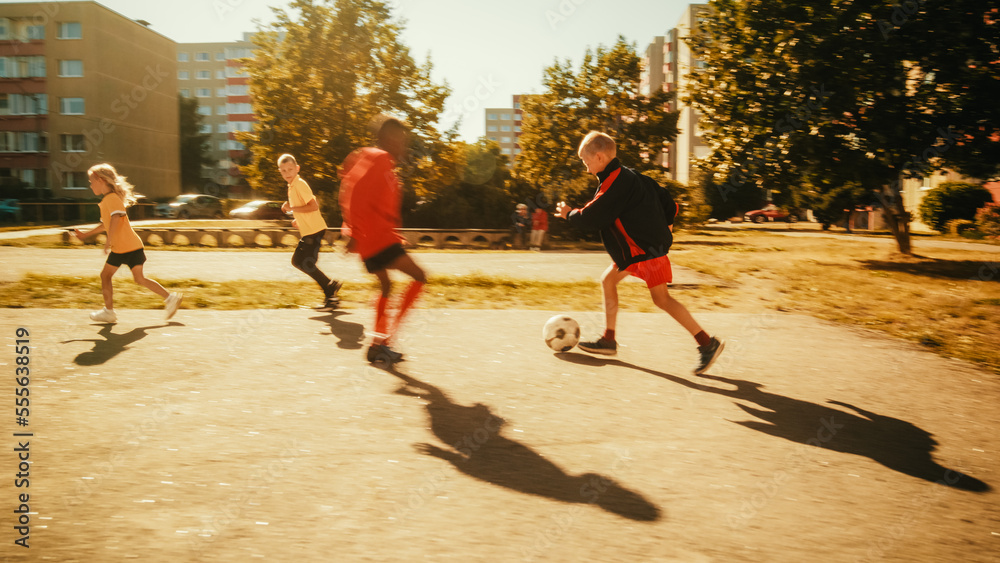 Multicultural Diverse Friends Playing Soccer in Their Backyard on a Sunny Day in Summer. Happy Excit