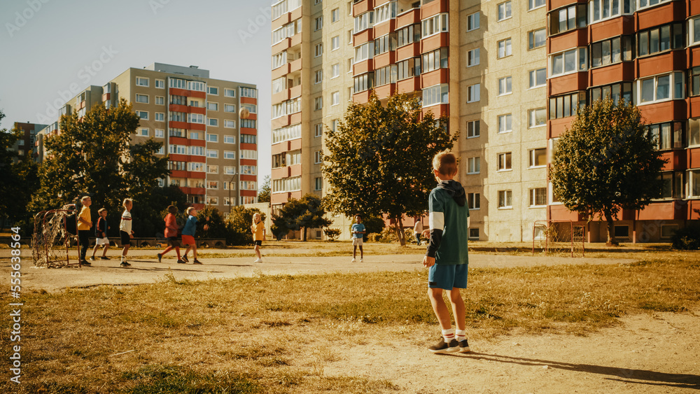 Multicultural Diverse Friends Playing Soccer in Their Backyard on a Sunny Day in Summer. Cheerful Bo