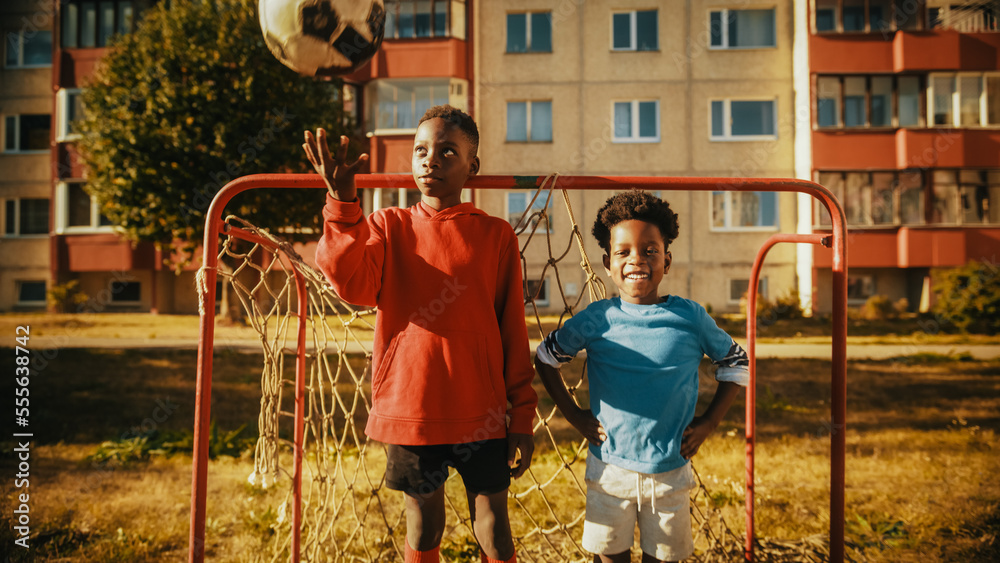 Portrait of Two Young Talented African Boys Standing Together while Looking at Camera and Smiling. O