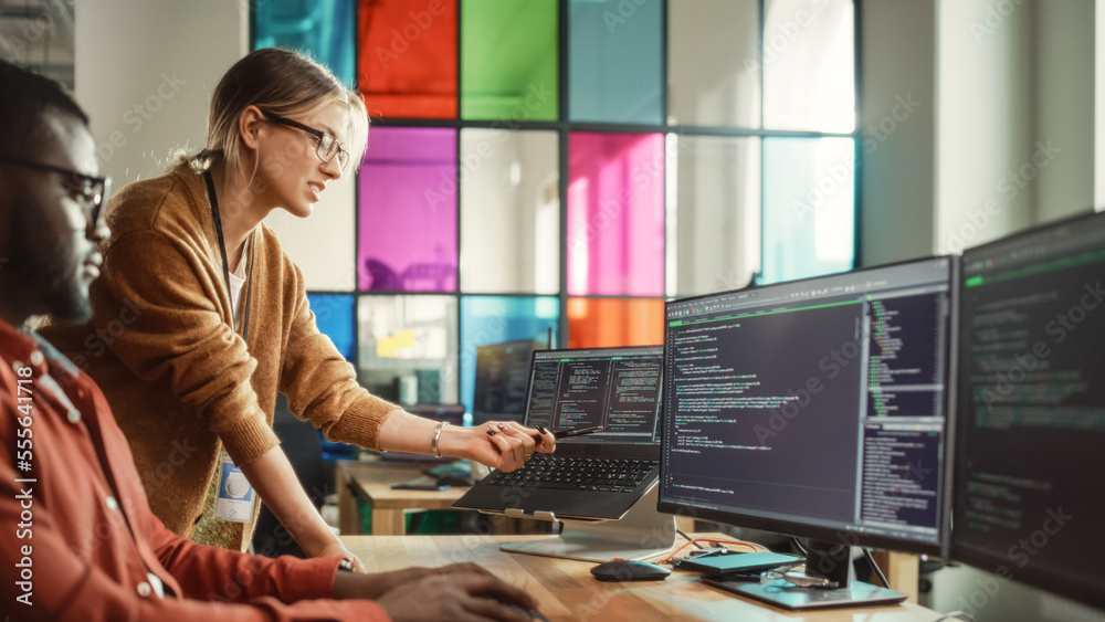 Black Programmer Shows Code On Desktop Computer to Female Start-Up Founder in Creative Office Space.