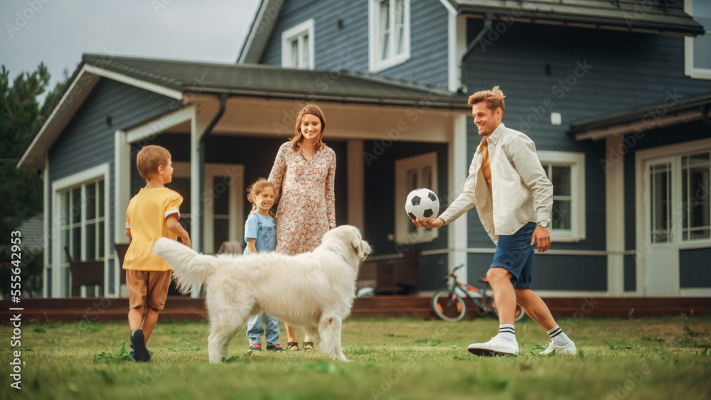 Family Enjoying Time Outside with Kids and a Pet Dog, Playing Ball with an Energetic White Golden Re