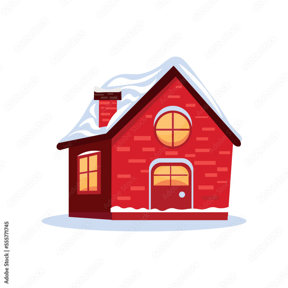 Red house with snow on white background