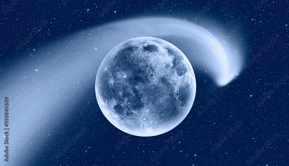 Comet on the space Full Moon in the background Elements of this image furnished by NASA 