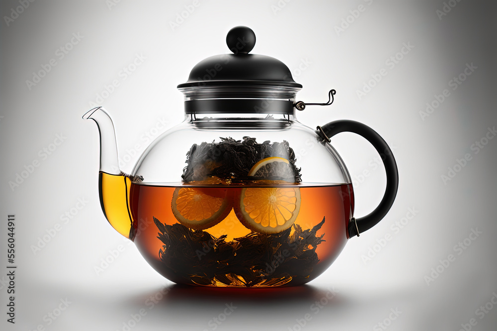 Citrus and berry tea with berries, lemon, oranges and thyme in a glass teapot on dark wooden table, 