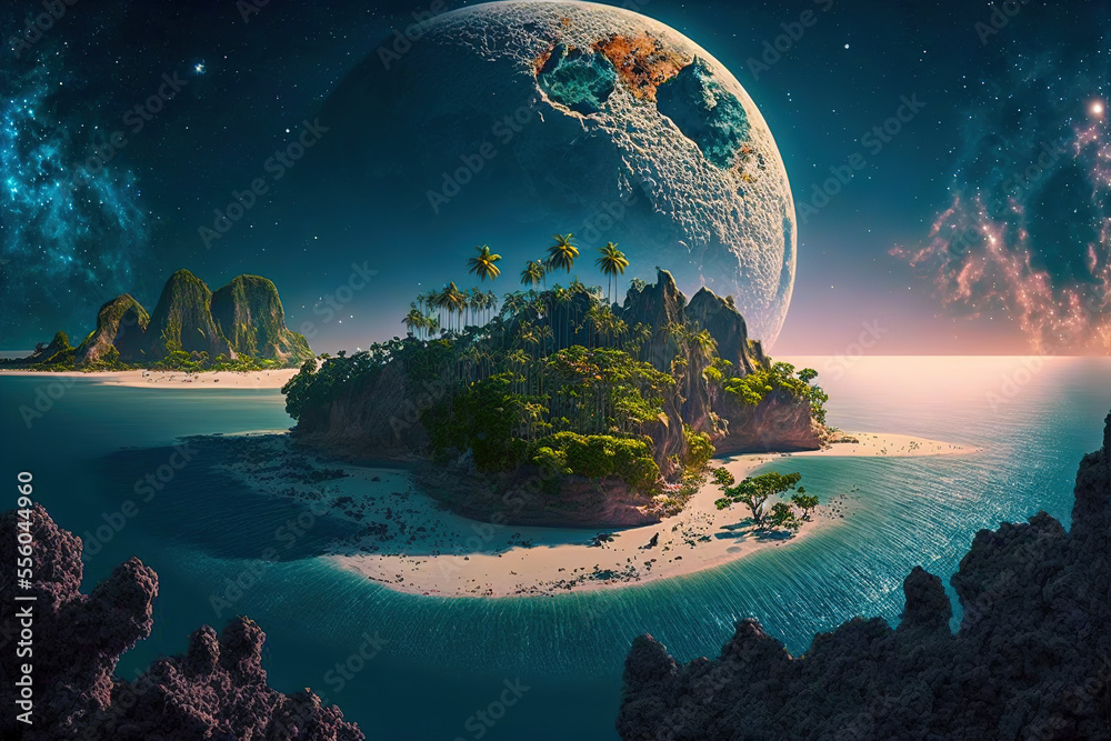 Paradise place in the universe. Bright big  moon over mysterious island. Alien planet. Abstract back