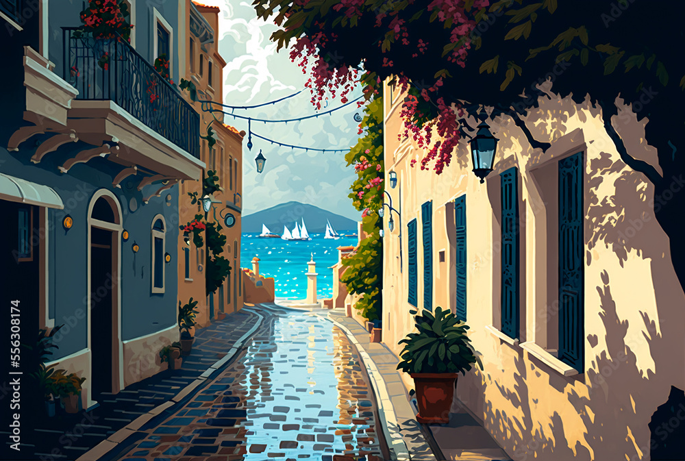 Mediterranean cityscape. Printable illustration of street of the old town overlooking the sea