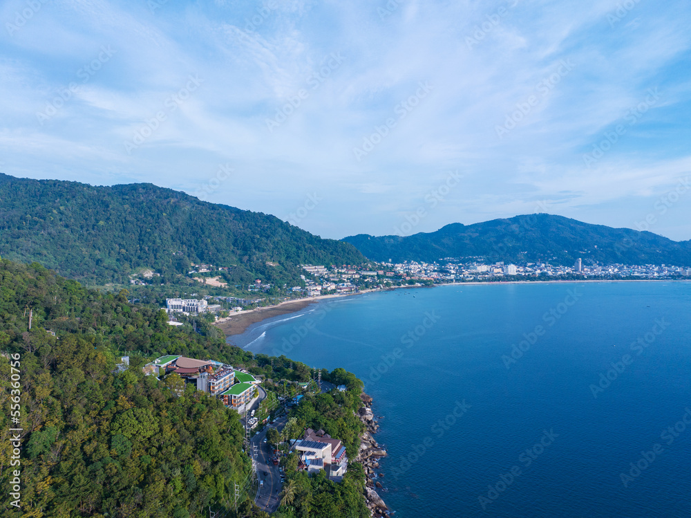 Amazing top view beautiful seashore, Aerial view of Tropical sea in the beautiful Phuket island Thai