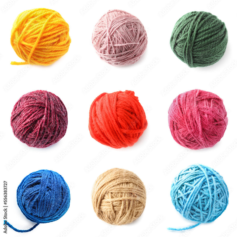 Collage of knitting yarn balls on white background