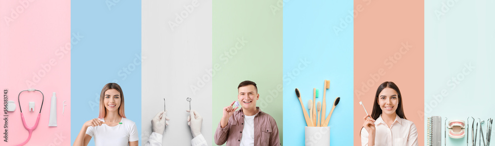 Collage of dentists tools, brushes and people with healthy teeth on color background