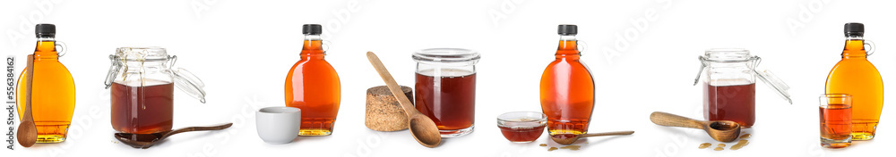 Collage of tasty maple syrup on white background