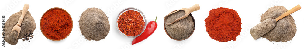 Collage of powdered pepper on white background, top view