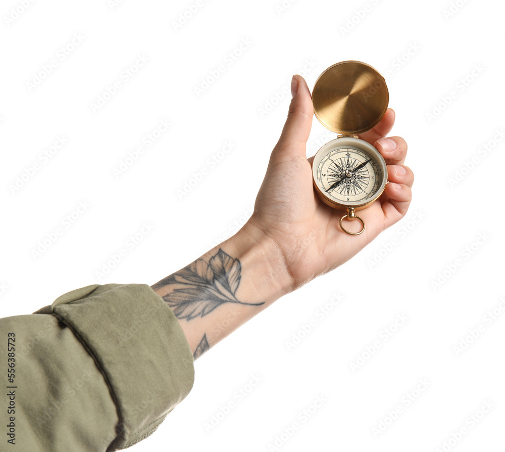 Woman with golden compass on white background