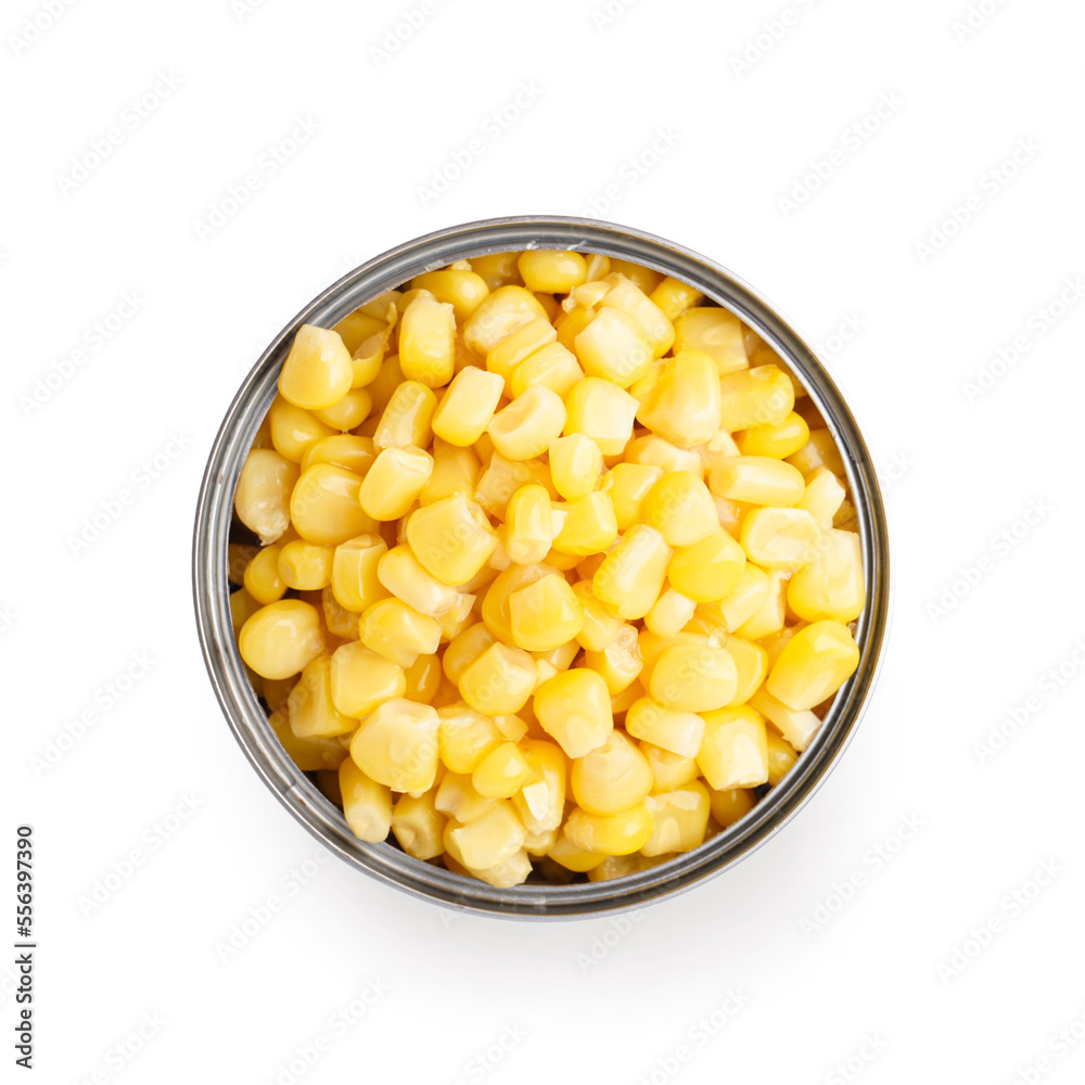 Tin can of canned corn isolated on white background