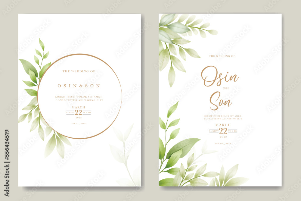 Wedding invitation Card with Green Leaves watercolor 