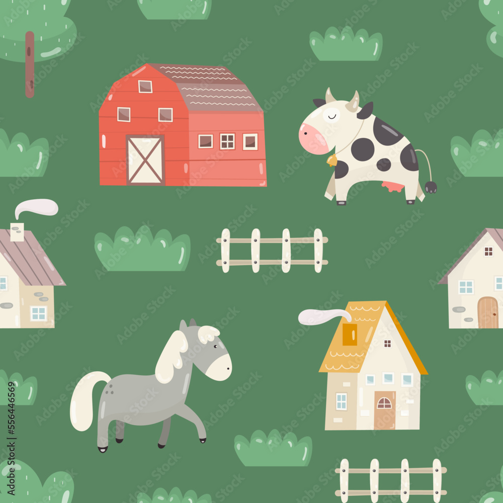 Horse and Сow Farm Animal Life Pattern