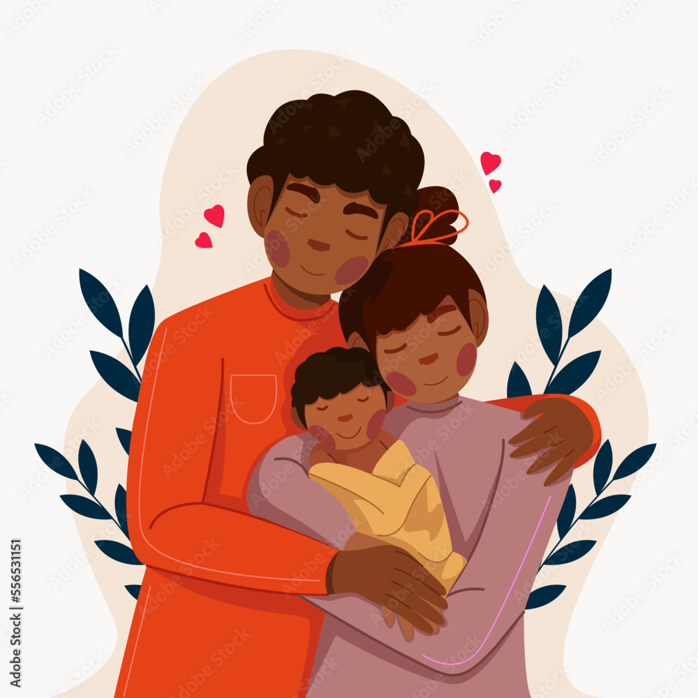 Flat-hand drawn black family with a baby illustration Vector illustration.