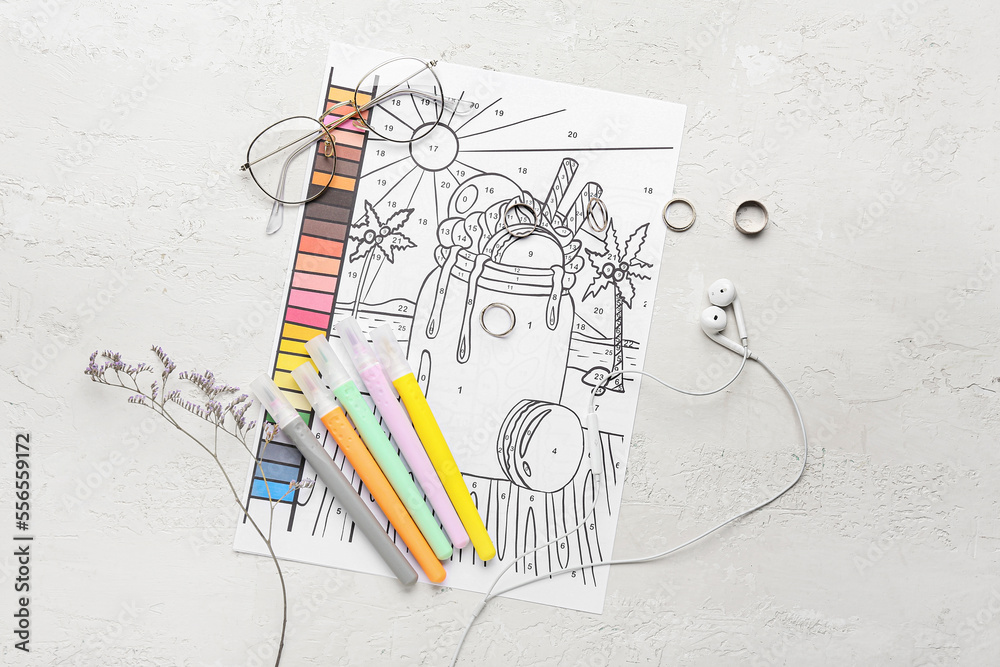 Coloring page, felt-tip pens, eyeglasses, earphones and rings on white background